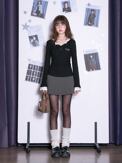 Fake Two Piece V-Neck Long Sleeve T-Shirt【s0000011668】