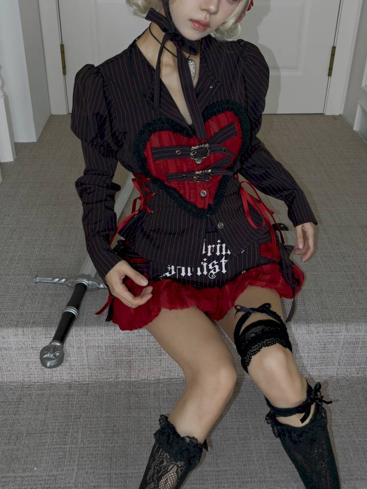 Lace-Up Striped Puff-Sleeve Lantern Skirt Shirt【s0000014435】