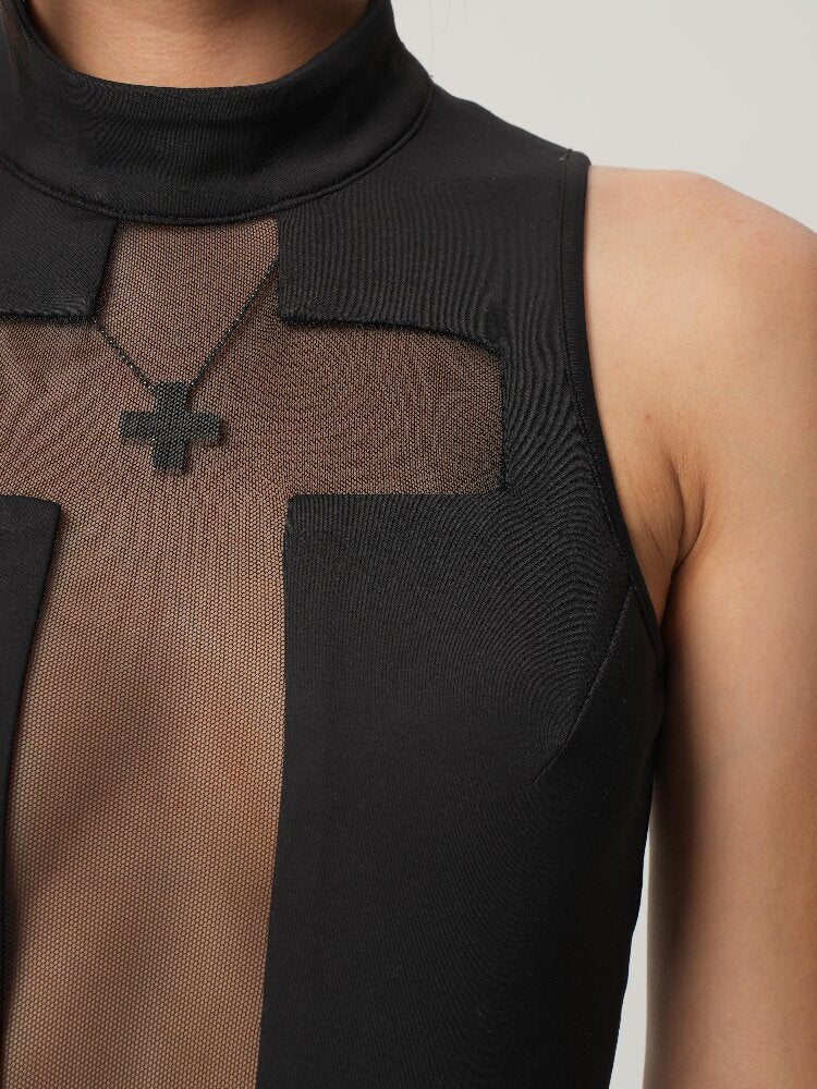 High-Neck Cross-Mesh Dress【s0000017468】