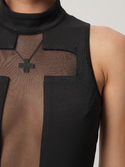 High-Neck Cross-Mesh Dress【s0000017468】