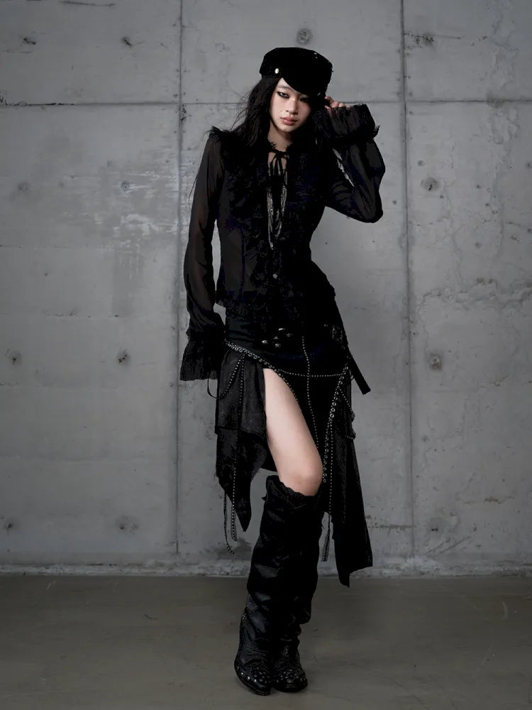 Asymmetric Leather-Satin Skirt【s0000013944】