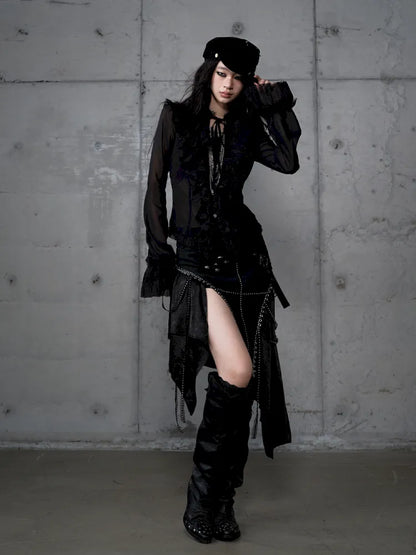 Asymmetric Leather-Satin Skirt【s0000013944】