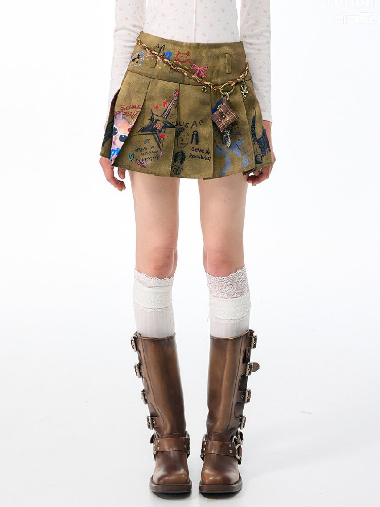 Graffiti Print Pleated Skirt【s0000017889】