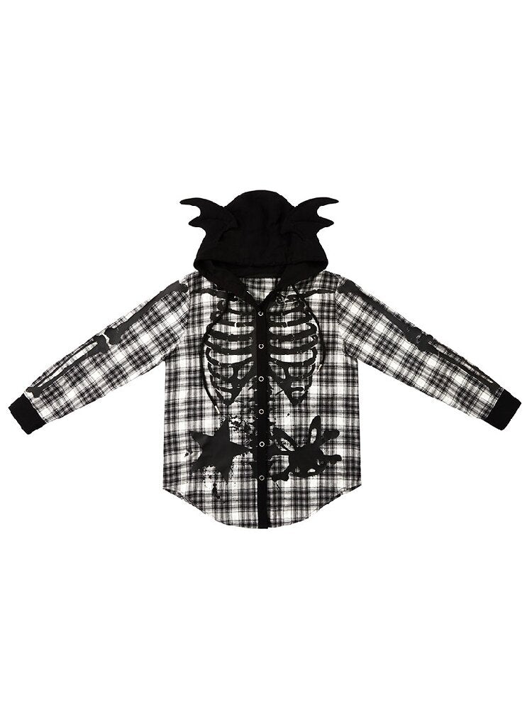 Demon Skeleton Print Hooded Shirt【s0000016054】