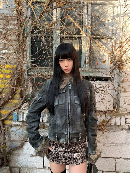 Washed Rivet Fur Collar Jacket【s0000018201】
