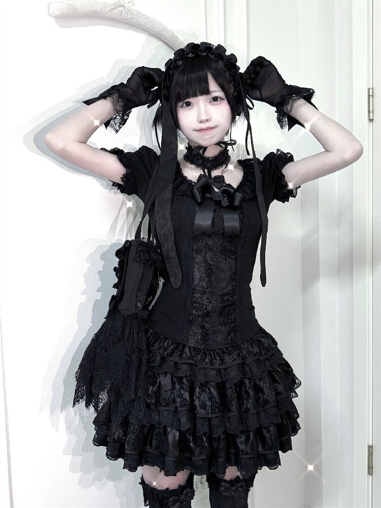 Black Lace Top And Skirt Set【s0000016391】