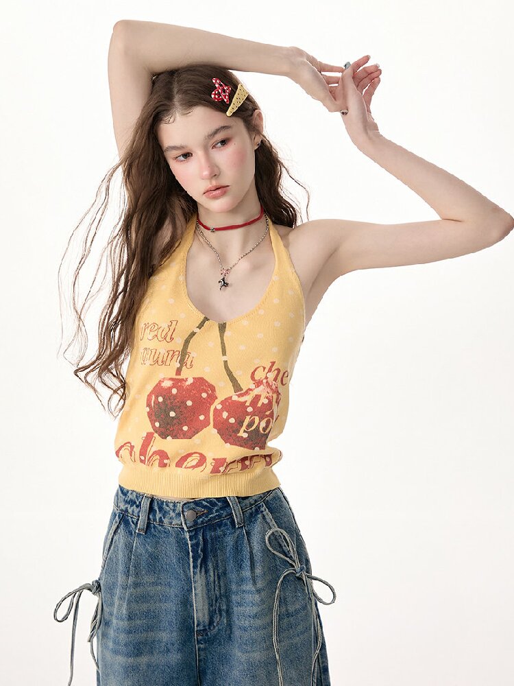 Wave Cherry Print Cropped Top Tank【s0000017304】