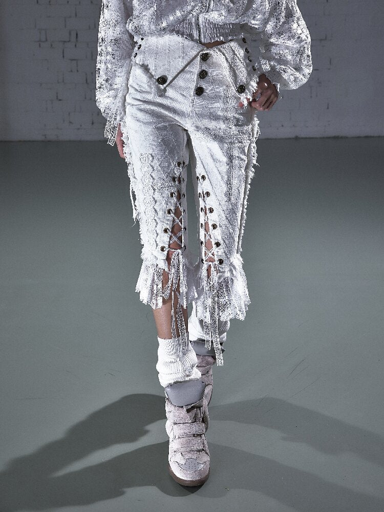 Raw Edge Lace Skinny Denim Pants【s0000016202】