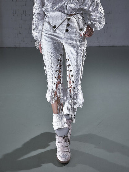 Raw Edge Lace Skinny Denim Pants【s0000016202】