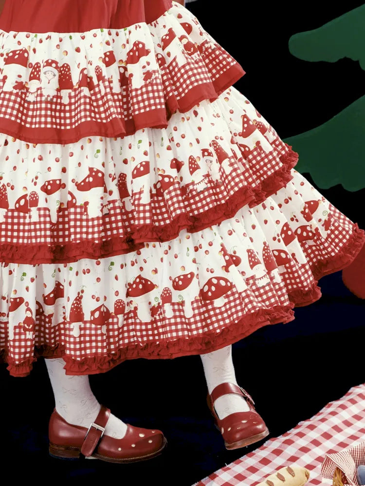 Multi-Layer Printed Red Checkered Cake Skirt【s0000013937】
