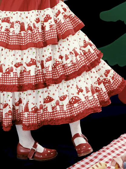 Multi-Layer Printed Red Checkered Cake Skirt【s0000013937】
