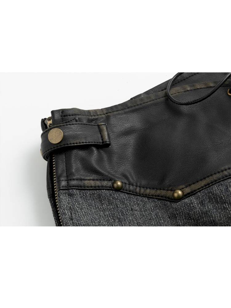 Leather-Trimmed Patchwork Pleated Jeans【s0000014424】