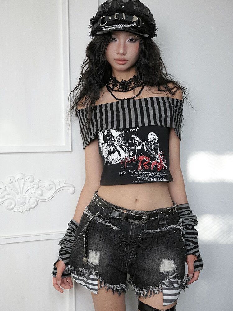 Off Shoulder Punk Printed T Shirt Set【s0000018177】