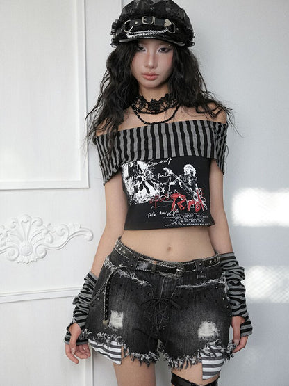 Off Shoulder Punk Printed T Shirt Set【s0000018177】