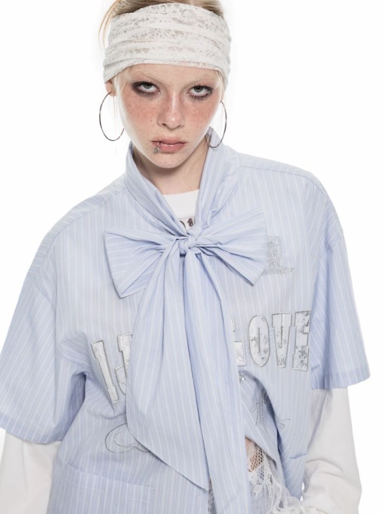 Bow Tie Ballgown Striped Short Sleeve Shirt【s0000009707】