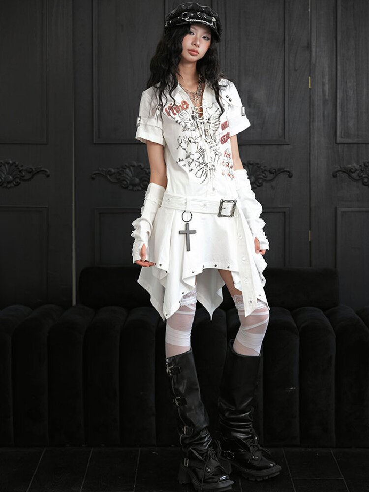 Irregular Lace Up Printed Dress【s0000018175】