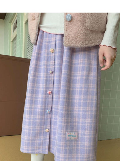 Purple Pink Plaid Peplum A-line Skirt【s0000005256】