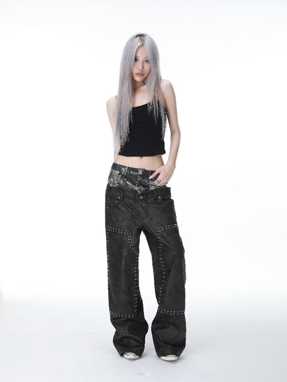 Studded Patchwork Wax Denim Pants【s0000017146】