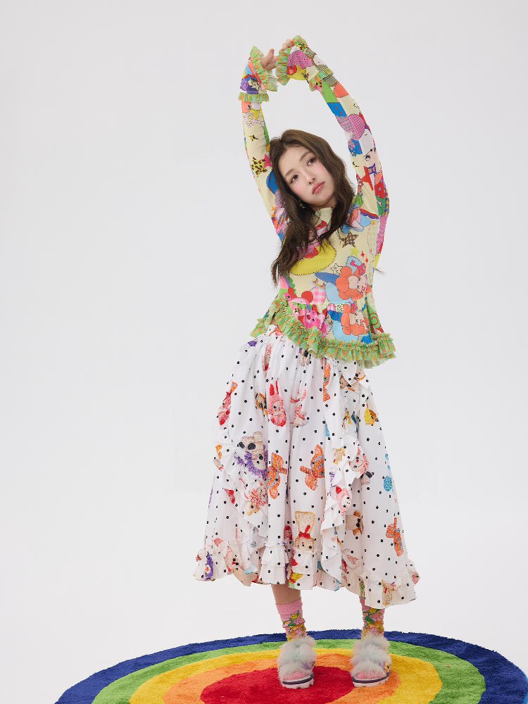 Two Color Cartoon Mesh Lace Top【s0000016197】