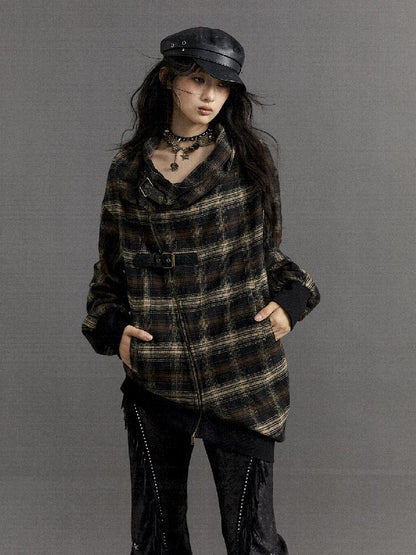 LOOSE PLAID ASYMMETRICAL SWEATER JACKET [S0000010326]