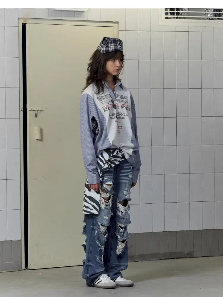 Patchwork Blue Striped Sleeve Shirt【s0000014199】