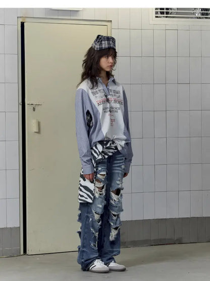 Patchwork Blue Striped Sleeve Shirt【s0000014199】