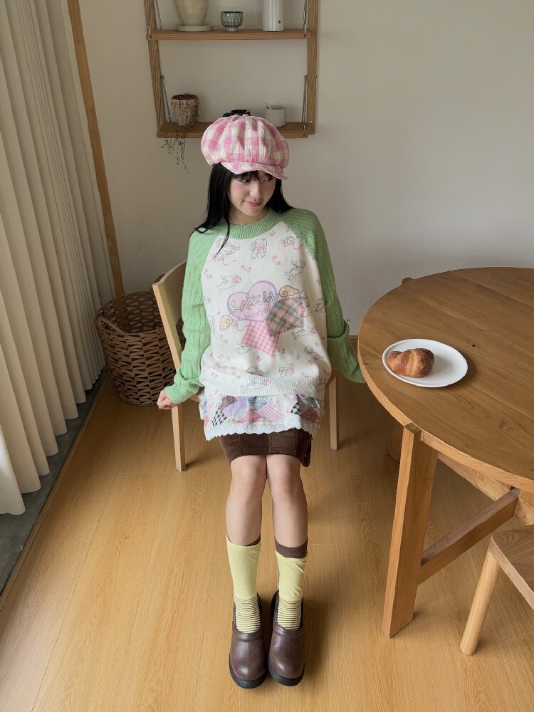 Puppy Floral Print Color Block Sweater【s0000019080】
