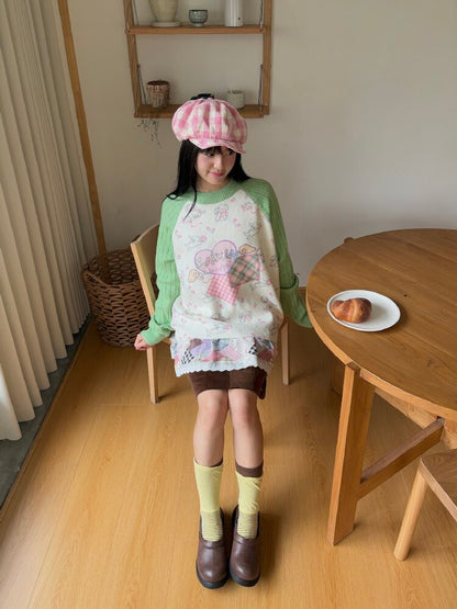 Puppy Floral Print Color Block Sweater【s0000019080】