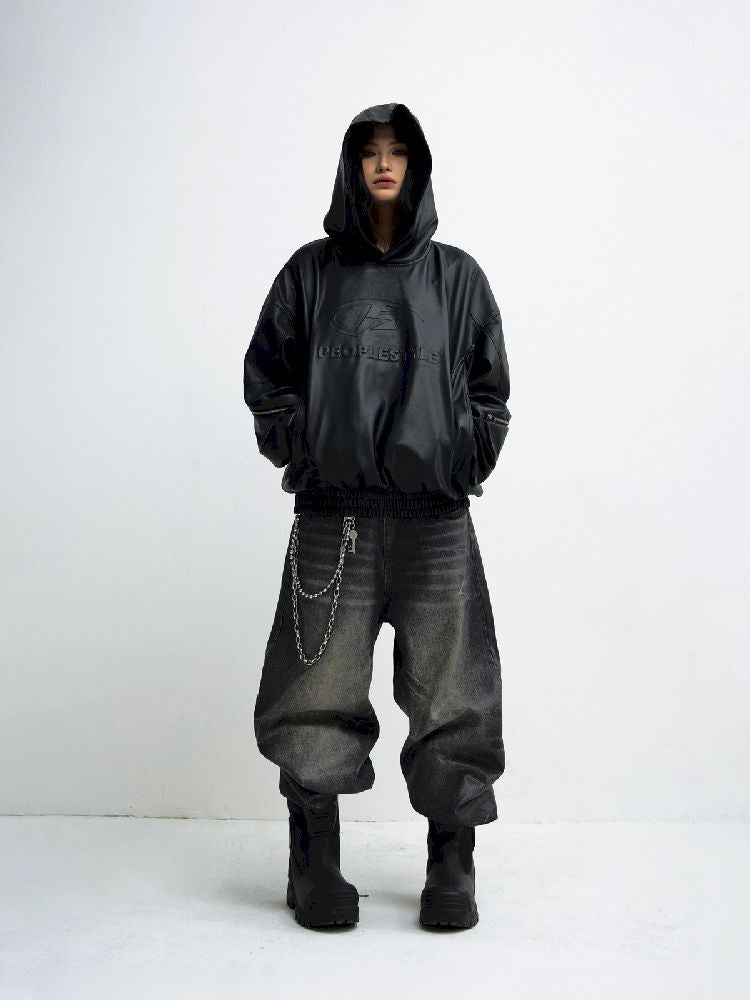 PU Leather Black Hooded Sweatshirt【s0000011348】