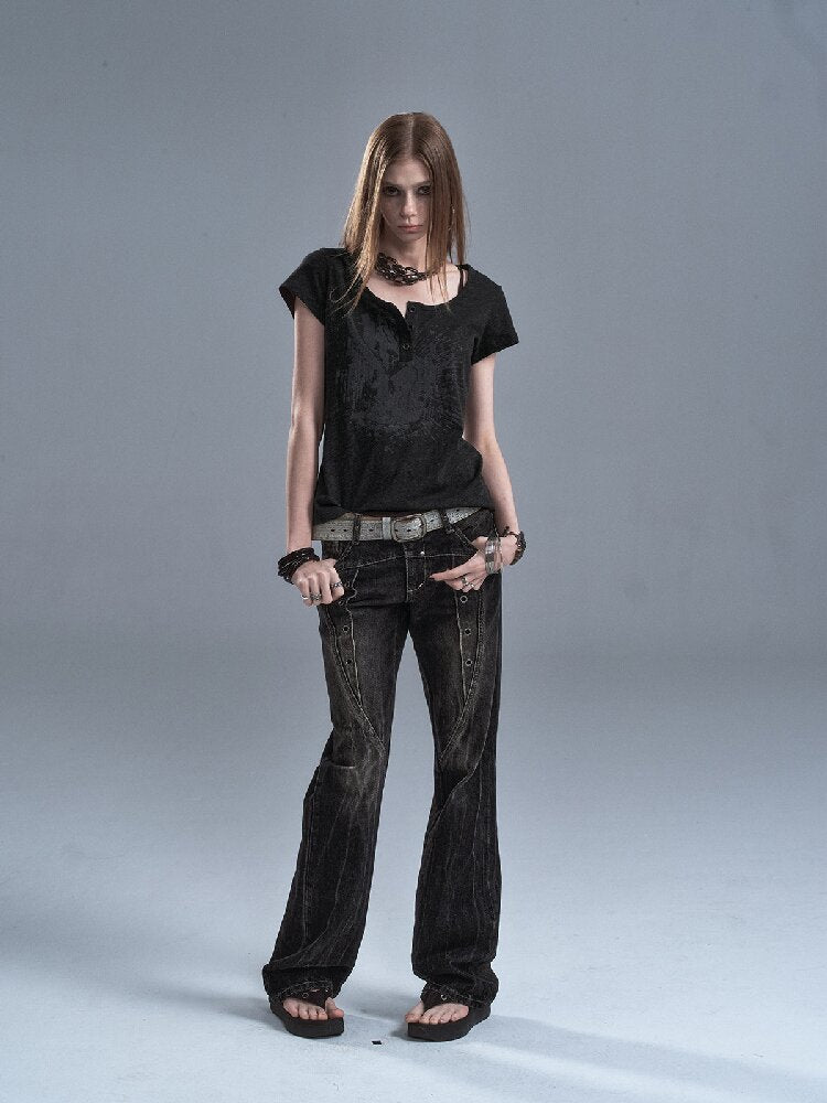 Lightning Rivet Black Denim Pants【s0000016634】