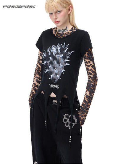 Cactus Print Riveted Irregular Top【s0000017731】