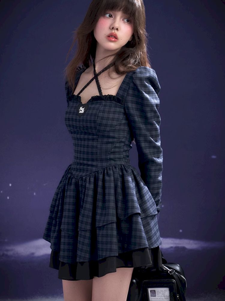 Check Neck Cake Dress【s0000011659】