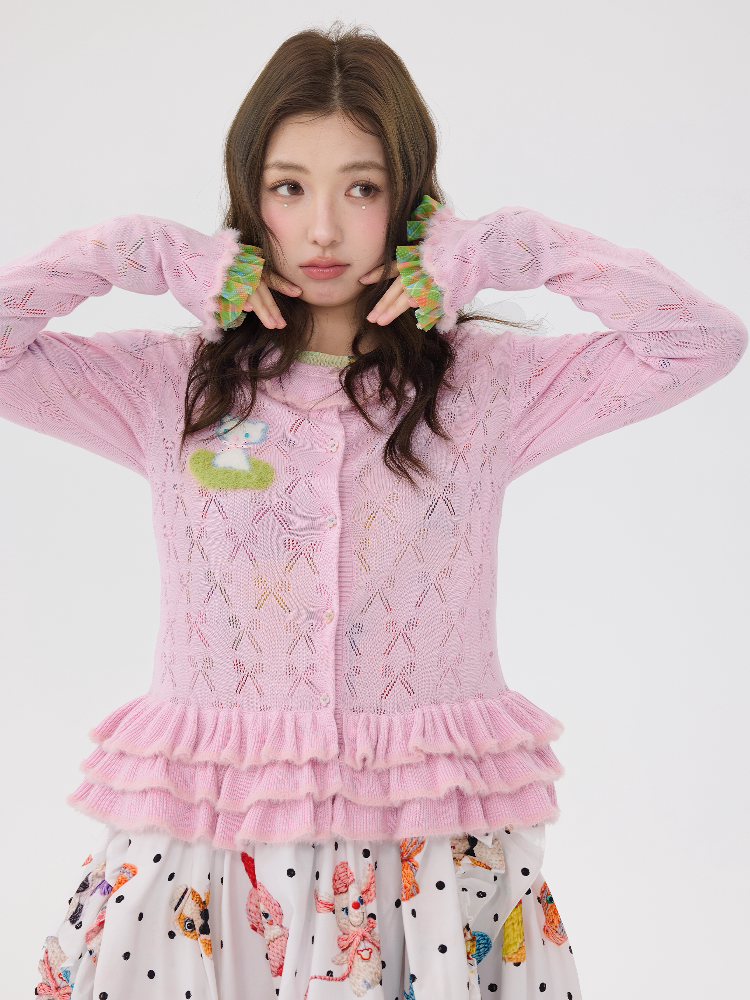 Pink Lace Bow Cut Out Knit Cardigan【s0000016196】