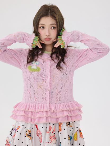 Pink Lace Bow Cut Out Knit Cardigan【s0000016196】