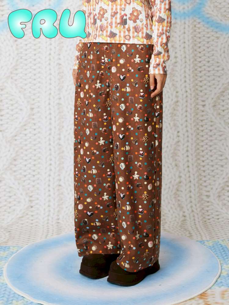 Candy Print Brown Corduroy Straight Pants【s0000014852】