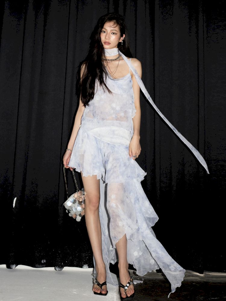 Aqua Blue Irregular Halter Dress【s0000013211】