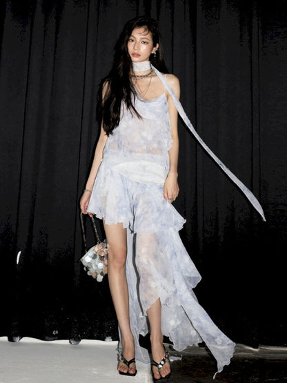 Aqua Blue Irregular Halter Dress【s0000013211】