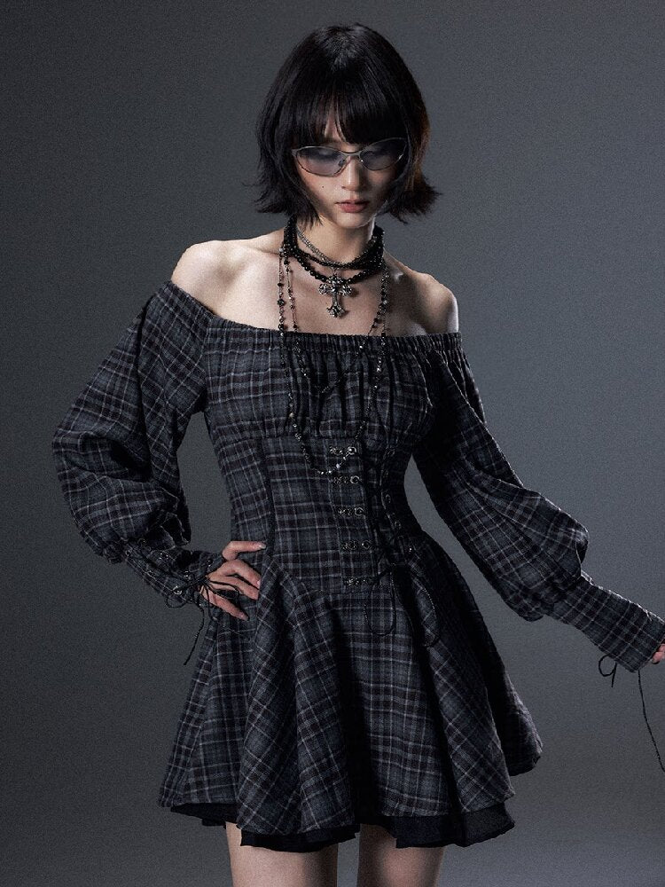 Vintage Plaid Off-Shoulder Dress【s0000018002】