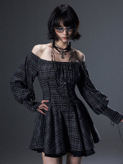 Vintage Plaid Off-Shoulder Dress【s0000018002】