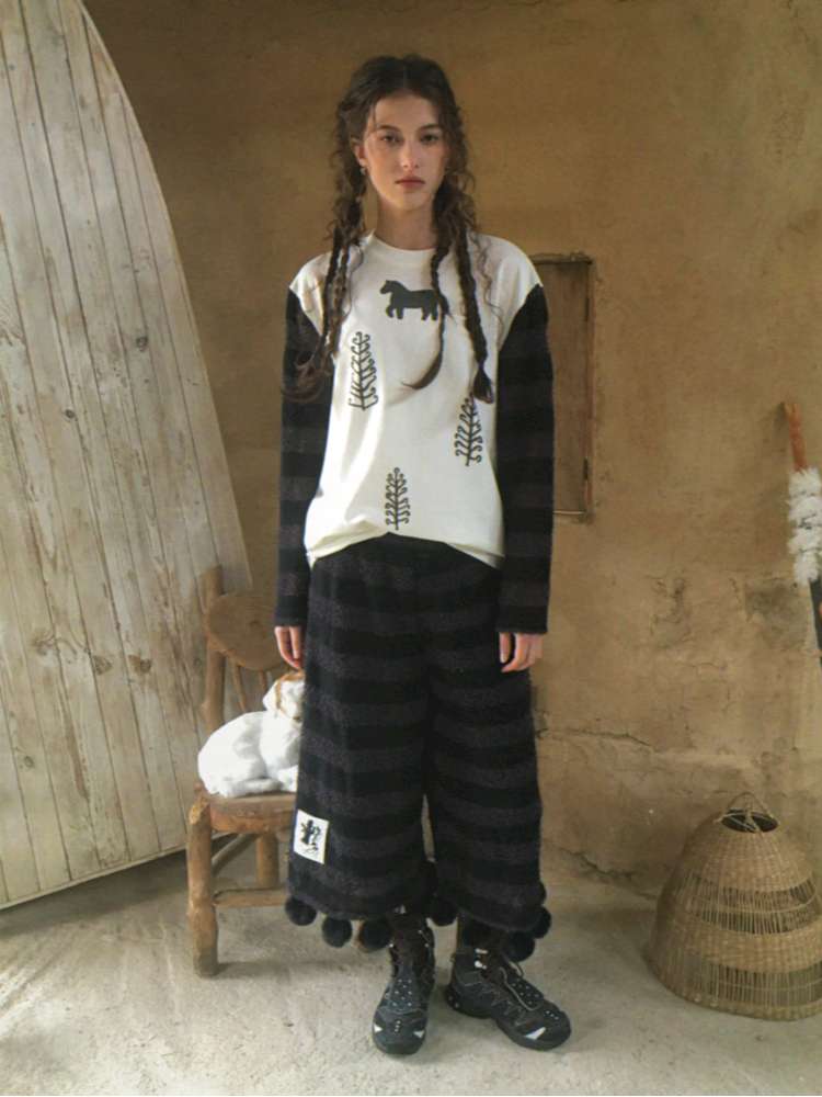 Striped Patchwork Pony Print T-Shirt【s0000014899】