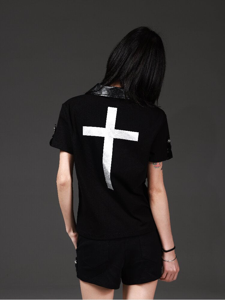 Leather Metallic Cross Polo Shirt【s0000018240】