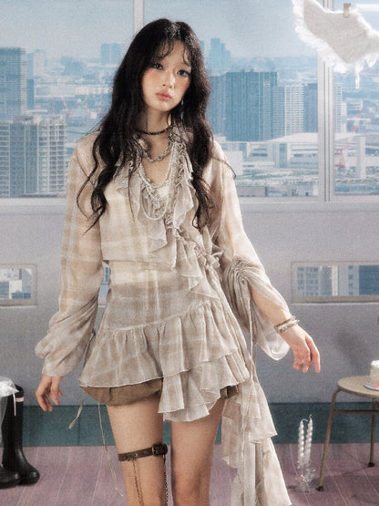 Plaid Ruffled Sunscreen Long Shirt【s0000016531】