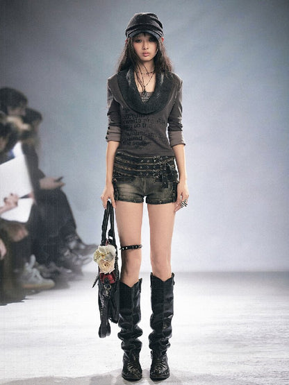 Distressed Metal Buckle Denim Shorts【s0000016285】