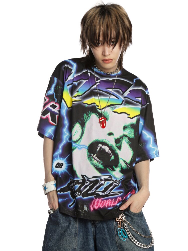 Dark Rock Lightning Print T-shirt【s0000015891】