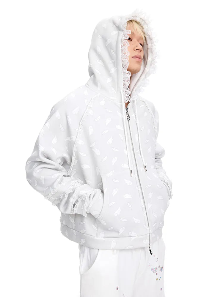 Wing Feather Print Lace-Trim Hoodie【s0000014096】