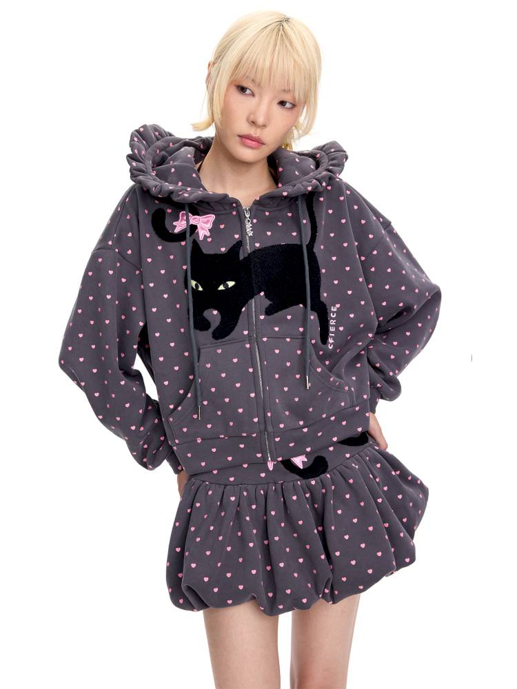 Black Cat Embroidered Cat Ear Hoodie Jacket【s0000014422】
