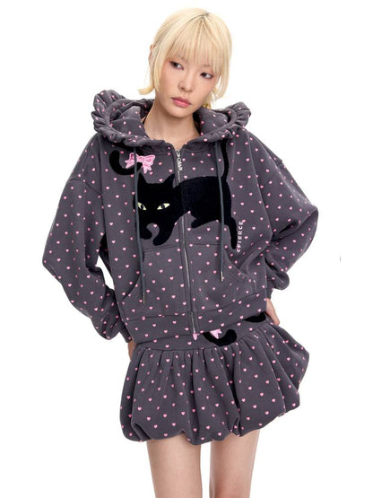 Black Cat Embroidered Cat Ear Hoodie Jacket【s0000014422】