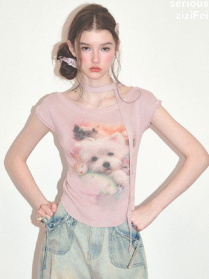 Puppy Print Slim Knitted Short T【s0000017671】