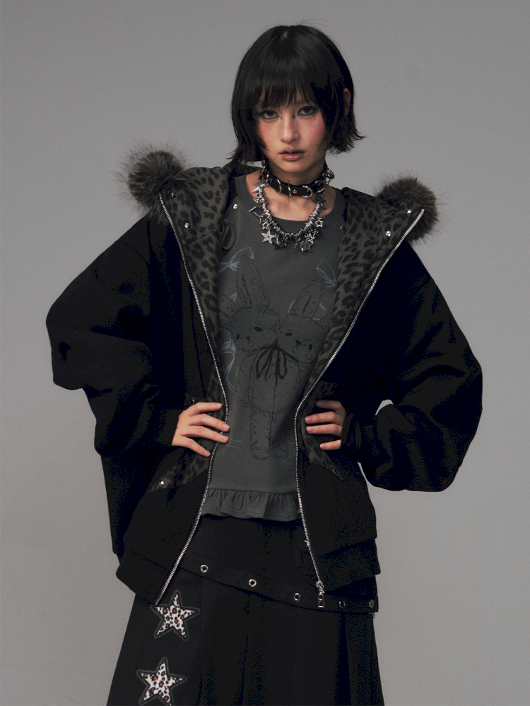 Cat Ears Leopard Print Fleece Hooded Jacket【s0000014708】