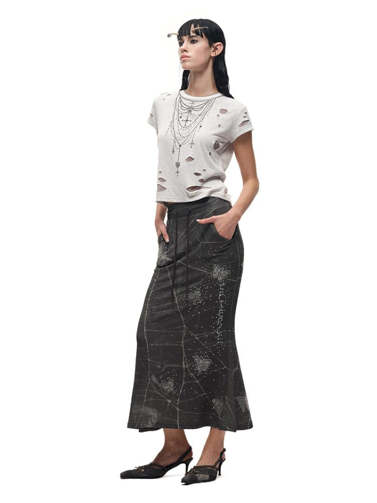 Rhinestone necklace ripped t-shirt【s0000012596】